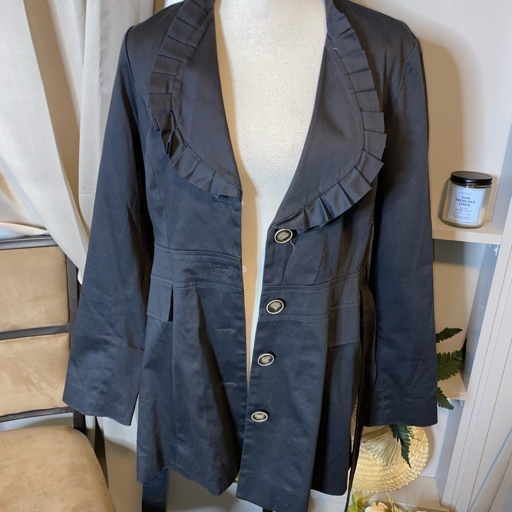 Blue Medium Ruffle Tie Waist Button Women’s Trench Coat Jacket GUC Faux Pockets - Picture 9 of 12